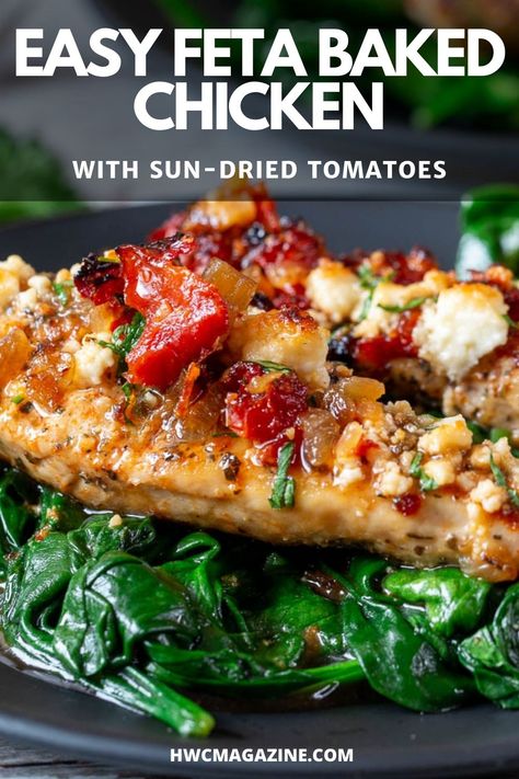 Feta Baked Chicken with Sun-Dried Tomatoes is an easy Greek one pan dinner with juicy chicken, feta cheese and ready in under 30 minutes. #HWCMagazine #chicken #greekrecipe #onepot #sundriedtomatoes #feta #easydinner #chickendinner / https://www.hwcmagazine.com Mediterannean Dinner Recipes, Balsamic Feta Chicken, Baked Mushroom Chicken Clean Food Crush, Chicken With Feta And Spinach, Chicken Thigh Sun Dried Tomatoes Recipes, Feta Brined Chicken, Weeknight Dinner Mediterranean, Feta Baked Chicken With Sun Dried Tomatoes, Chicken Spinach And Feta Recipes