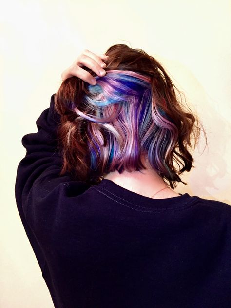 Peekaboo Hair Colors For Brunettes, Unicorn Peekaboo Hair, Pastel Hair Highlights, Peekaboo Hair Color Brunettes, Hidden Hair Color, Oil Slick Hair, Underlights Hair, Peekaboo Hair Colors, Unicorn Hair Color