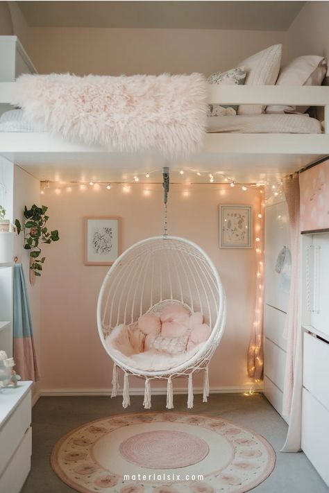 Cozy bedroom with a loft bed, hanging chair, and soft pink decor. Decorate Bunk Bed Ideas, Teen Loft Bed Ideas, Girls Bedroom Ideas With Bunkbeds, Bedroom Bunk Bed Ideas, Loft Bed With Canopy, Girls Bunkbed Bedroom Ideas, Kids Loft Bed Ideas, Girl Bunk Bed Rooms, Storage Bunk Beds