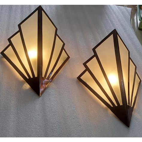 Pair Vintage Art Deco Nouveau Brass Frosted Glass Fixture Slip Shade Wall Sconces Lamp Excellent Working Condition Without Any Damage Size Length 14 inch Breadth 10 inch Width 4 inch Art Deco Picture Frame, Art Deco Interior 1920s, Burlesque Club, Art Deco Wall Light, Skyscraper Art, Art Deco Mood Board, Earth Genasi, Dark Deco, Ship Light