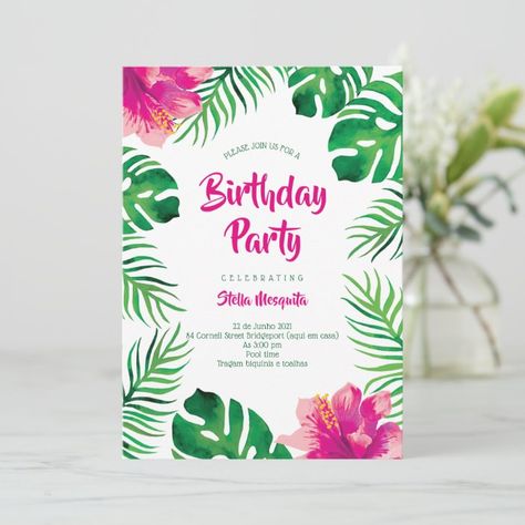 Pink Hibiscus Tropical Leaves Birthday Party Invitation | Zazzle.com Tropical Birthday Invitations, Luau Birthday Invitations, Luau Invitations, Tropical Invitations, Tropical Birthday Party, Summer Party Invitations, Birthday Invitations Diy, Hawaiian Birthday, Bday Invitations