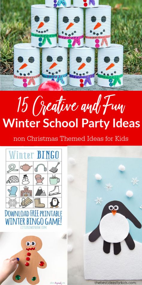 Check out these winter class party ideas that are not Christmas themed. Snowflakes, snowman, penguins and more. Fun party ideas for kids. #party #ideas #winter #non #christmas #holiday #forkids #printables #games #crafts Winter Holiday Classroom Activities, Christmas Class Party Ideas Preschool, Winter Holiday Classroom Party Ideas, Class Holiday Party Ideas Kindergarten, Winter Theme School Party, Winter Party School Ideas, Winter Theme Classroom Party, Kindergarten Winter Class Party, Kindergarten Winter Games