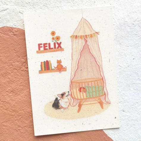 Gouache and aquarelles illustrated baby birth announcement with family dog, rotan crib, books, pet, Felix
By @saartje_illustrations Pregnancy Announcement Painting, Cats Cradle Illustration, Birth Announcement Card Illustration, Baby Birth Announcement, Baby Birth, Family Dogs, Baby Announcement, Birth Announcement, Photo And Video