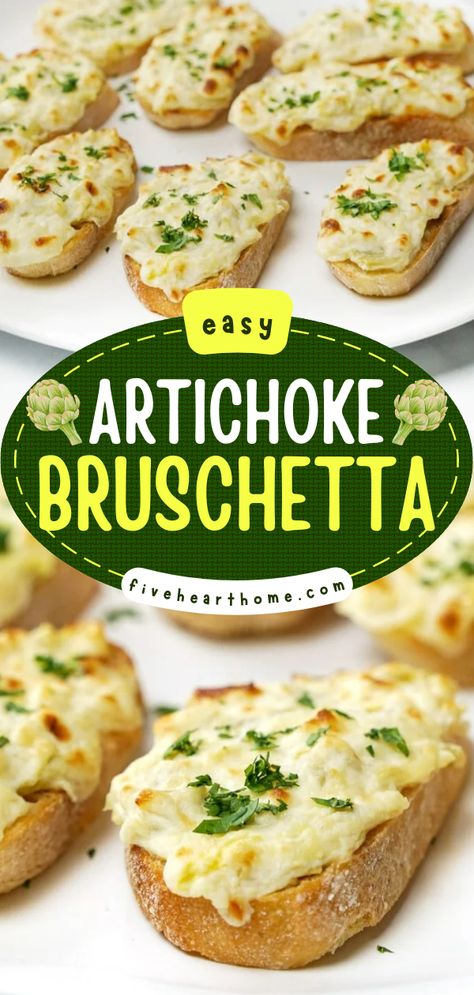 Get some baguette slices ready for this easy Arichoke Bruschetta! Broiled with a creamy artichoke spread, it's a fancy Easter party food everyone will enjoy. You can even make this Easter appetizer recipe as a warm, cheesy artichoke dip! Cocktail Food Appetizers, Hot Dip Recipe, Artichoke Bruschetta, Hot Artichoke Dip, Fancy Appetizers, Hot Appetizers, Bruschetta Recipe, Artichoke Recipes, Football Party Food