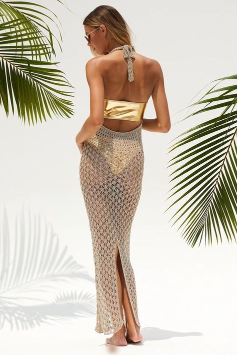 Shining Sands Gold Metallic Crochet Halter Maxi Swim Cover-Up | Lulus (US) Metallic Crochet, Mesh Cover Up, Crochet Swim, Lulu Fashion, Crochet Halter, Trendy Crochet, Halter Maxi, Art Gold, Sparkling Water