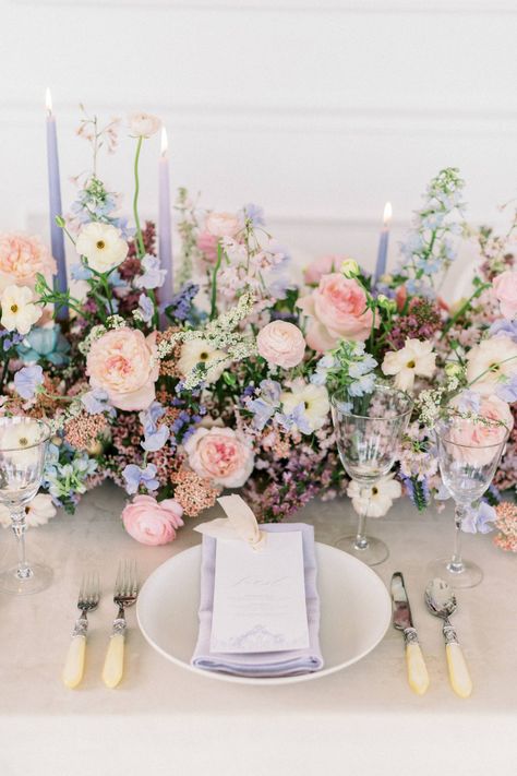 Spring wedding inspiration with the prettiest florals you ever did see! via Magnolia Rouge April Wedding Ideas Spring, Pastel Wedding Table, Blue Taper Candles, Purple Floral Wedding, Floral Wedding Table, Wedding Table Runner, Pastel Wedding Flowers, Floral Runner, Lilac Wedding