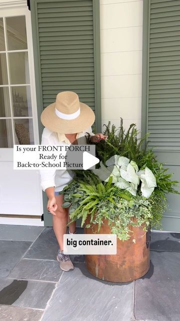 Carmen Johnston Gardens on Instagram: "One of my favs for the front porch mostly SHADE 💚" Front Porch Container Ideas, Pot Flowers Ideas Planters, Plants Front Porch, How To Fill Tall Planters Flower Pots, Large Flower Pot Ideas Outdoor Planters, Front Porch Potted Plant Ideas, Planters For Front Porch, Outdoor Flower Pot Ideas, Porch Planter Ideas