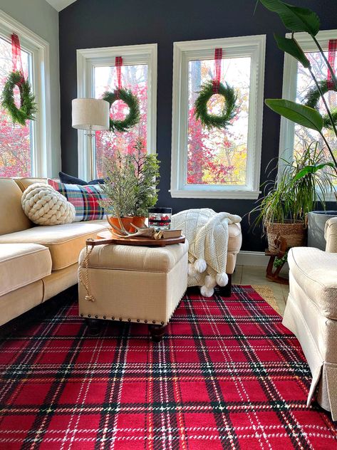 An easy trick to hang wreaths on inside windows for Christmas or any season or holiday. Hanging Wreaths On Windows Without Hook, How Do You Hang Wreaths On Windows, How To Hang Window Wreaths, Wreath On Window, Inside Window Hang Wreath, Hanging Wreath Outdoor Window 2022, Christmas Wreaths For Windows, Red Plaid Pillows, Wreath Inside