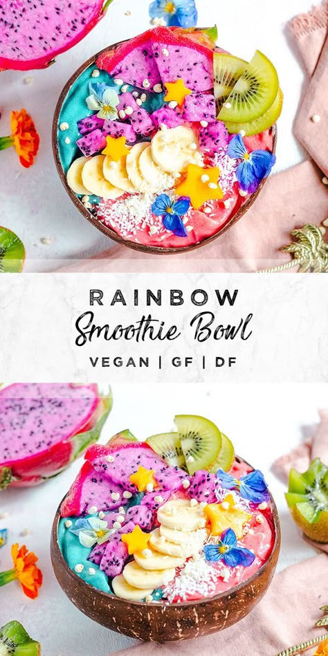 Smoothie Bowl Tropical, Colorful Smoothie Bowls, Rainbow Smoothie Bowl, Blue Acai Bowl Recipe, Fruit Power Bowls, Blue Smoothie Bowl Recipe, Rainbow Bowl Recipe, Blue Majik Smoothie Bowl, Smoothie Bowl Toppings Ideas