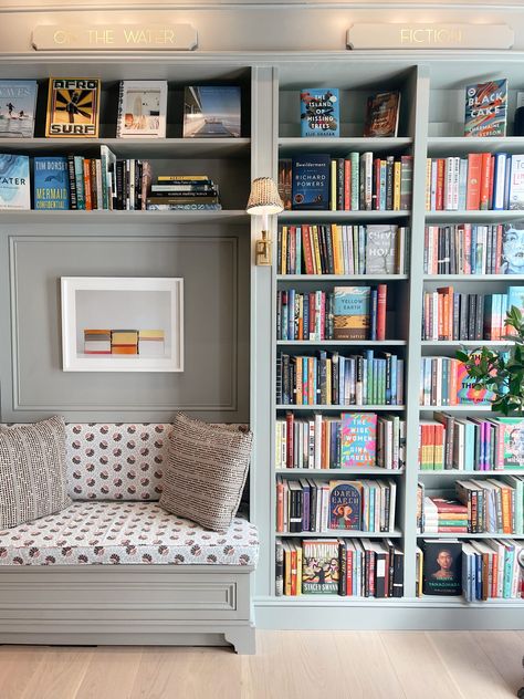 Half Library Wall, Library Wall With Reading Nook, Built In Bookshelves With Reading Nook, Library Room Ideas Home Cozy, Wall Library Design Small Spaces, Spare Room Library Ideas, Wall Of Bookshelves Living Room, Beacon Hill Books And Cafe, Small Library Wall