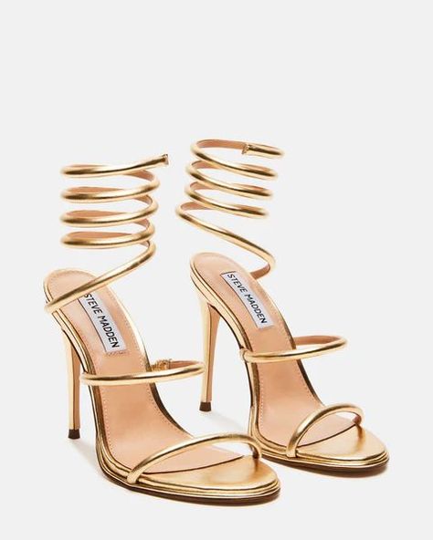 EXOTICA GOLD LEATHER | Steve Madden (US) Gold Wrap Heels, Gold Heels Wedding, Hoco Heels, Gold Heels Prom, Gold Strap Heels, Wrap Around Heels, Gold Strappy Heels, Silk Maxi Skirt, Prom Heels