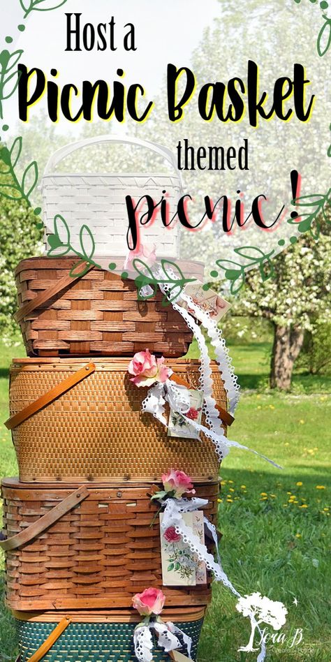 Host a picnic basket-themed picnic for summertime fun! A great way to enjoy your vintage-inspired treasures! #summertime #picnics #vintage #picnicbaskets #vitnagecollecting #vintagelinens #backyardchickens #summerentertaining #countrylivingmagazine #countrysamplermagazine via @https://www.pinterest.com/lbbloom/boards/ Picnic Basket Centerpiece Ideas, Vintage Gift Baskets, Decorating With Vintage Picnic Baskets, Decorating With Picnic Baskets, Picnic Theme Party Decorations, Picnic Basket Gift Ideas Diy, Picnic Tablescape Ideas, Picnic Baskets Ideas, Picnic Basket Gift Ideas