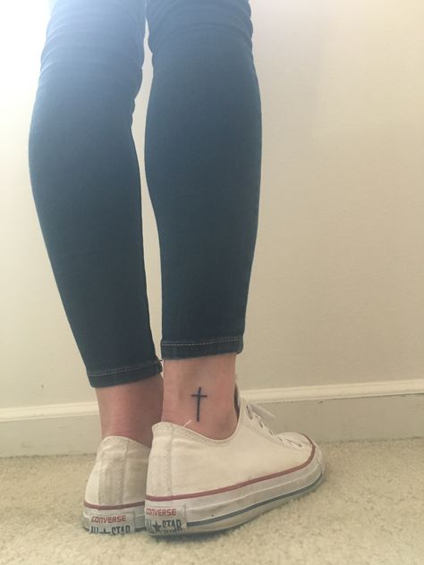 small cross tattoo Christian Feet Tattoo, Small Cross Ankle Tattoo, Cross Tattoos For Women Ankle, Cross Foot Tattoo, Cross Ankle Tattoos For Women, Ankle Cross Tattoos For Women, Cross On Ankle Tattoo, Tiny Christian Tattoos, Cross Tattoo On Ankle