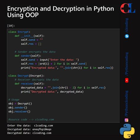 Encryption and Decryption in Python Using OOP Python Script, Python Coding, Coding Lessons, Basic Computer Programming, Learn Computer Science, Basic Computer, Tech Inspiration, Learn Computer Coding, Tech Job