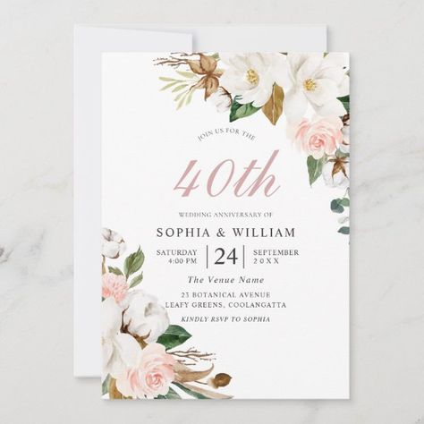 Blush & White Flowers 40th Wedding Anniversary Invitation 75th Wedding Anniversary, Country Invitations, 60 Wedding Anniversary, 40th Wedding Anniversary, Wedding Anniversary Invitations, Anniversary Invitations, 60th Anniversary, Wedding Card Design, White Wedding Flowers