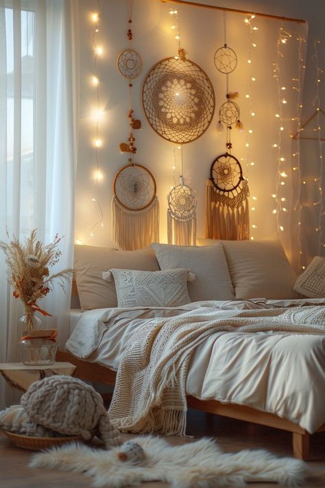 29 Dreamy Scandi Boho Girls Bedroom Ideas to Inspire Sweet Dreams 3 Dream Catcher Room Ideas Bedrooms, Dream Catcher Bedroom Ideas, Tv Stand Alternatives, Dreamy Girls Bedroom, Boho Girls Bedroom, Dream Catcher Bedroom, Designer Wall Clock, Boho Chic Bedding, Magical Elements