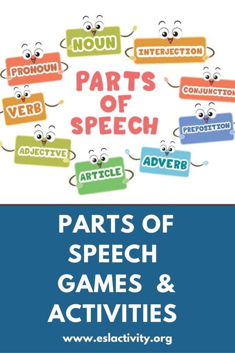 ESL parts of speech activities, games worksheets and lesson plans. Help students master the various English parts of speech with these fun, engaging and student-centred activities. English Parts Of Speech, Nouns Lesson Plan, Subject Verb Agreement Activities, Esl Vocabulary Activities, English Grammar Games, Parts Of Speech Games, English Grammar Quiz, Teaching English Language Learners, Lesson Plan Ideas