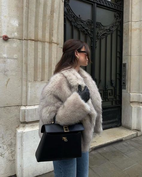 Delaney Childs Winter Outfits, Winter Outfits With Fur Coat, Winter Outfit Parisian Style, High Fashion Street Style Chic, Styling A Fur Coat, How To Style Fur Coat, White Fur Coat Aesthetic, Winter Outfits Fur Coat, Winter Coat 2024