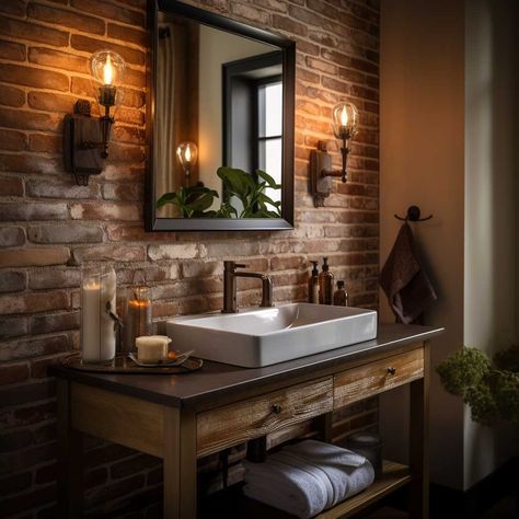 Creating a Statement with Brick Tiled Bathroom Designs • 333+ Images • [ArtFacade] Moody Brick Bathroom, Red Brick Bathroom Ideas, Red Brick Bathroom, Brick Backsplash Bathroom, Brick Bathroom Flooring, Indoor Brick Wall Ideas, Brick Bathroom Ideas, Brick Tile Shower, Brick Floor Bathroom