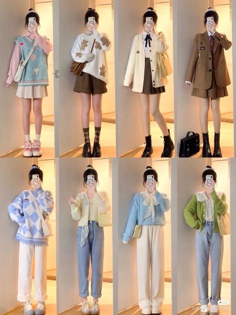 Pastel Academia Outfit, Korea Spring Fashion, Cardigan Outfit Korean, Ootd Korean Style Hijab, Spring Outfits Korea, Soft Pastel Aesthetic Outfits, Ootd Pastel, Spring Outfits Japan, Korean Outfit Ideas