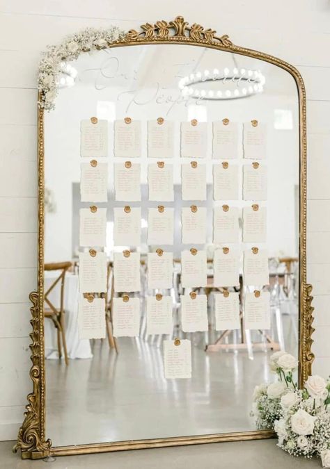 Wedding Seating Chart Display, Seating Chart Cards, Mirror Seating Chart, Gold Wax Seal, Table Seating Chart, Wedding Table Seating, Wedding Mirror, Hand Calligraphy, Seating Cards