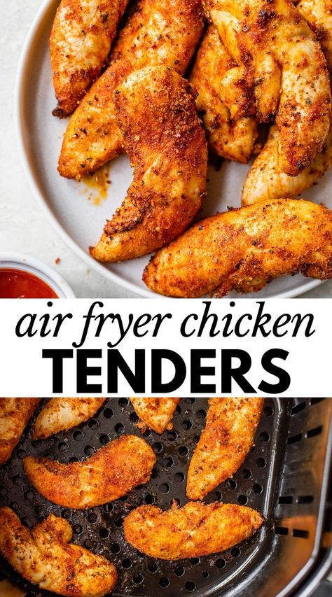 These Air Fryer Chicken Tenders are made with no breading, and are perfect for when you need something quick, easy and delicious for lunch or dinner! Bbq Chicken Tenders, Air Fryer Bbq Chicken, Air Fryer Recipes Chicken Tenders, Air Fried Chicken Tenders, Air Fryer Chicken Tenders, Fried Chicken Tenders, Chicken Tenderloin Recipes, Crispy Chicken Tenders, Air Fried Chicken