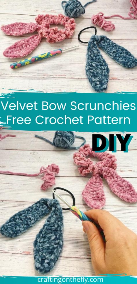 Velvet Yarn Crochet Patterns, Scrunchies Pattern, Scrunchies Crochet, Crochet Bow Pattern, Wearable Crochet, Crochet Hair Bows, Velvet Crochet, Easy Beginner Crochet Patterns, Crochet Scrunchies