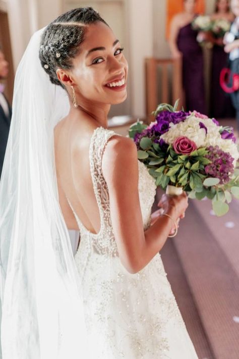 Natural Hair Bride - Type 4 Curls worn in a Simple Braided Wedding Updo.  ***See more photos on the blog of the Blushing Black Bride. #naturalhairbride #naturalhair #bride Natural Hair Styles Wedding Black Brides, Black Brides With Natural Hair, Natural Hair On Wedding Day, Natural Hair Bride Hairstyles, Natural Hair Black Bride, Natural Wedding Hairstyles Black Bride, Afro Bride, Natural Wedding Hairstyles Black Bride With Veil, Natural Hair Wedding Styles