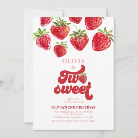 Strawberry Two Sweet 2Nd Birthday Invitation #zazzle #weddinginvitations #birthdayinvitations #babyshowerinvitations #zazzleinvitations #monogram #businesscards #graduation #homedecor Two Sweet 2nd Birthday, Berry Sweet Birthday, Watercolor Strawberries, Pink Red Flowers, 98th Birthday, 2nd Birthday Party For Girl, Strawberry Shortcake Birthday, Second Birthday Ideas, 2nd Birthday Party Themes