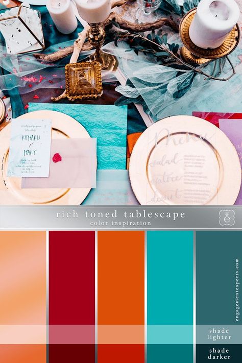 We absolutely love this wedding place setting. The warm oranges, reds, gold, turquoise and teal create an inspiring palette. This is a beautifully designed combination of the rich tones simply complemented with tree branches, eucalyptus and... Turquoise Fall Color Palette, Teal Orange Red Color Palette, Red And Turquoise Color Palette, Turquoise Orange Wedding, Teal And Red Wedding, Orange And Turquoise Wedding, Turquoise And Teal, Turquoise Color Palette, Wedding Color Ideas