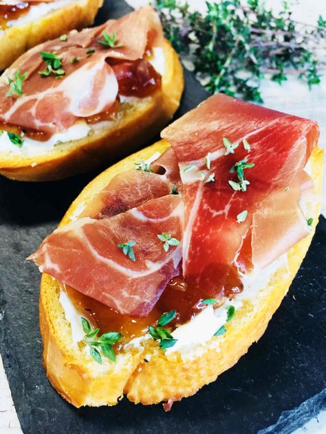 Goat Cheese and Prosciutto Crostini - Cooks Well With Others Goat Cheese And Prosciutto, Goat Cheese Prosciutto, Prosciutto Crostini, Individual Appetizers, Holiday Party Appetizers, Goat Cheese Crostini, Crostini Appetizers, Elegant Appetizers, Party Appetizers Easy