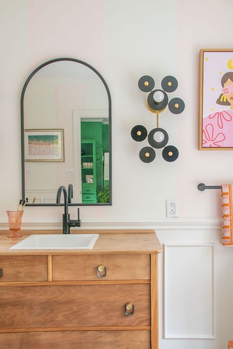 How to take a second hand thrifted old dresser and turn it into a upcycled bathroom vanity! #diyvanity #furnitureflip #bathroommakeover Dresser To Vanity, Upcycled Bathroom Vanity, Charlotte Smith, Dresser Cabinet, Diy Bathroom Vanity, Eclectic Bathroom, Dresser Vanity, Sazerac, Vintage Dresser