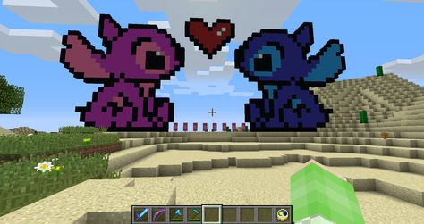 Stitch and Angel in love. I got the pixel design from a Pinterest and I copied it to make Angel and reversed it to make Stitch! Aren't they cute? Angel Banner Minecraft, Stitch Minecraft Build, Minecraft Memorial Ideas, Minecraft Axalotal, Crochet Angel From Lilo And Stitch, Pixel Design, Stitch And Angel, Minecraft Building, Lilo And Stitch