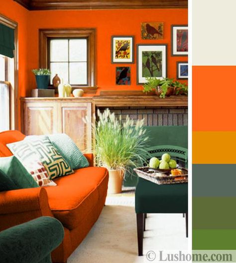 Stylish Orange Color Schemes for Vibrant Fall Decorating Orange Lounge Ideas, Orange And Green Walls, Orange Feature Wall Living Room, Orange Green Decor, Orange Green Room, Orange Accent Wall Living Room, Green Orange Living Room, Green Orange Decor, Orange And Green Decor