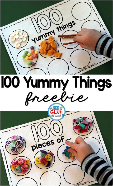 100 Yummy Things is the perfect addition to your 100th day of school celebrations. This free printable will encourage your students to practice counting to 100. It's perfect for preschool, kindergarten, and first grade students. #100thday 100 Días De Clases, 100th Day Of School Crafts, 100s Day, 100 Day Of School Project, Printable Things, Counting To 100, 100 Day Celebration, School Printables, School Celebration