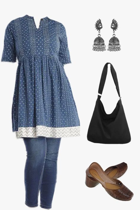 Desi kurti aesthetic, casual Indian outfit ideas, tote bag, short kurti, kurta and jeans Kurti For Jeans Casual, Jeggings With Kurti, Kurta And Jeans, Desi Kurti, Kurti Aesthetic, Jeans Tops Indian Style, Indian Outfit Ideas, Short Kurta Set, Short Kurti Designs