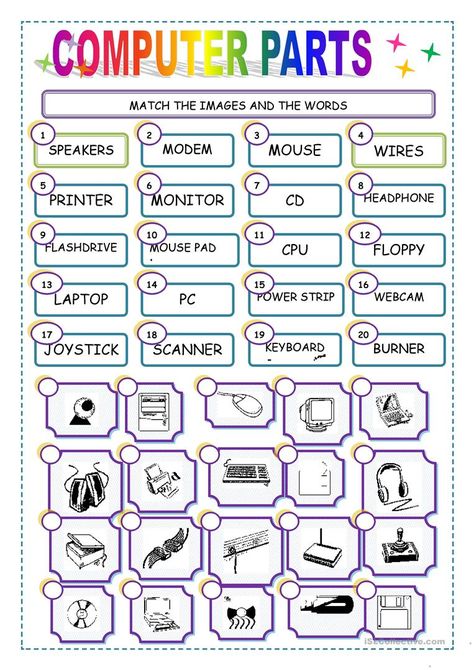 MATCH THE COMPUTER PARTS - English ESL Worksheets for distance learning and physical classrooms Lab Komputer, Computer Science Lessons, Computer Lab Lessons, Computer Lab Classroom, Teaching Computers, Computer Teacher, About Computer, Computer Lessons, Worksheets For Grade 3