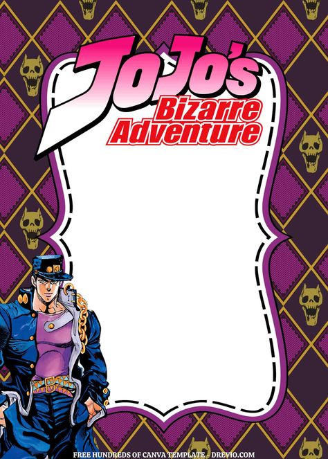 Cool 16+ JoJo's Bizarre Adventure Canva Birthday Invitation Templates Take a look at the different anime birthday invitation designs from our incredible creators. Get a unique and creative Jojo's Bizarre Adventure Canva birthday invitation templates and play with these ... Jojos Bizzare Adventure Party, Jojo Template, Jojo's Bizarre Adventure Birthday, Adventure Party Theme, Editing Overlays, Adventure Birthday Party, Anime Birthday, Adventure Party, Pixel Characters