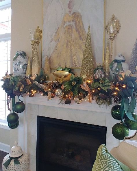 Green And Gold Christmas Mantle, Christmas Mantels Red And Green, Red And Green Mantle Decorations, Silver And Gold Christmas Mantle, Mercury Glass Christmas Mantle, Christmas Banister, Silver Platters, Crystal Goblets, Christmas Mantle Decor