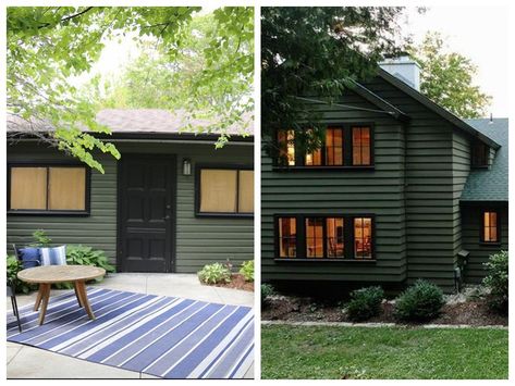 Left- Forest Green (Instagram) Right- Hunter Green (Pinterest) Dark Green Stucco House Exterior, Hunter Green Exterior House Colors, Creekside Green Benjamin Moore Exterior, Forest Green Exterior House Colors, Forest Green Siding, Hunter Green House Exterior, Forest Green House Exterior, Masculine Cabin, Green Vinyl Siding