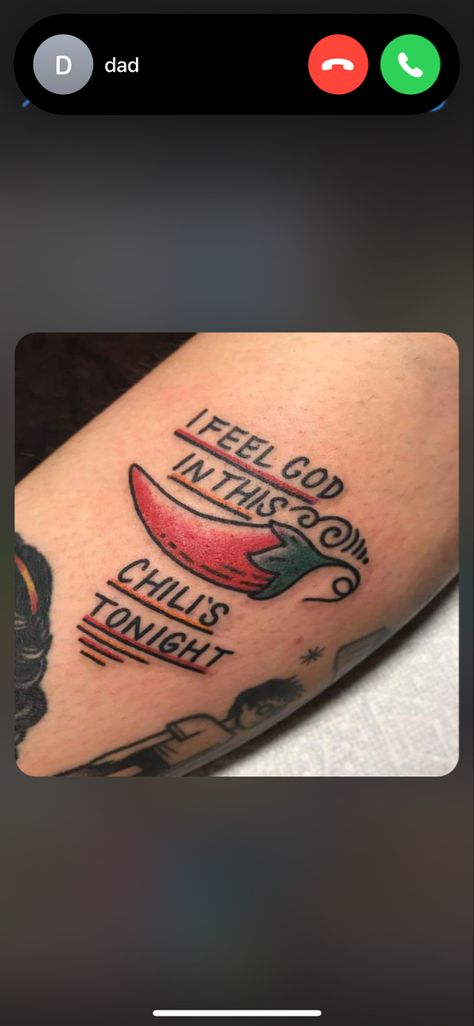 “I feel God in this Chili’s tonight” chili pepper tattoo in color Chili Pepper Tattoo Traditional, Chilis Tattoo, Chilly Tattoo, Chilli Pepper Tattoo, Chili Tattoo, Chili Pepper Tattoo, Pepper Tattoo, Traditional Chili, Stick N Poke Tattoo