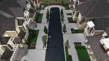 Bloxburg Town Ideas Exterior, Bloxburg Gated Community, Bloxburg Town Large Plot, Roblox Town Ideas, Blocksburg Town Layout, Bloxburg Street, City Layout Bloxburg Large Plot, Neighborhood Bloxburg, Bloxburg Neighborhood Layout