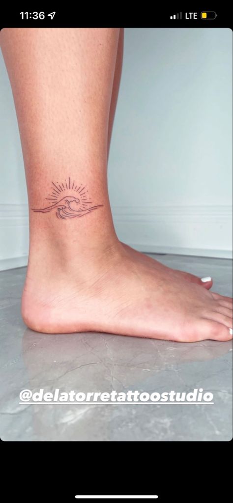 ocean, wave, sunrise, sunset, thin line, simple, minimalist, line work, sea, beach, tattoo Sunset And Ocean Tattoo, Beachy Simple Tattoos, Ocean Tattoos Ribs, Cute Sunset Tattoo, Sunset Over Ocean Tattoo, Feminine Wave Tattoos, Sunset Ocean Tattoo Minimalist, Sunrise Over Waves Tattoo, Sunset And Beach Tattoo