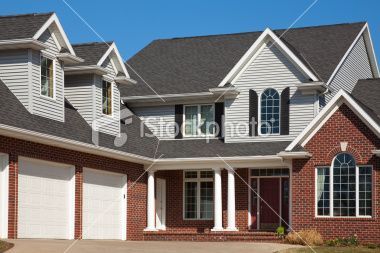 Lovely Home, Red Brick and Vinyl Siding, Attached Garage, Dormers Royalty Free Stock Photo. side color, red brick exterior siding, siding colors Red Brick House With Grey Siding, House With Red Brick And Siding, Red Brick Vinyl Siding House, Vinyl Siding With Red Brick, Red Brick With Gray Siding, Exterior Siding Colors, Exterior House Siding, Shingle Colors, Siding Colors