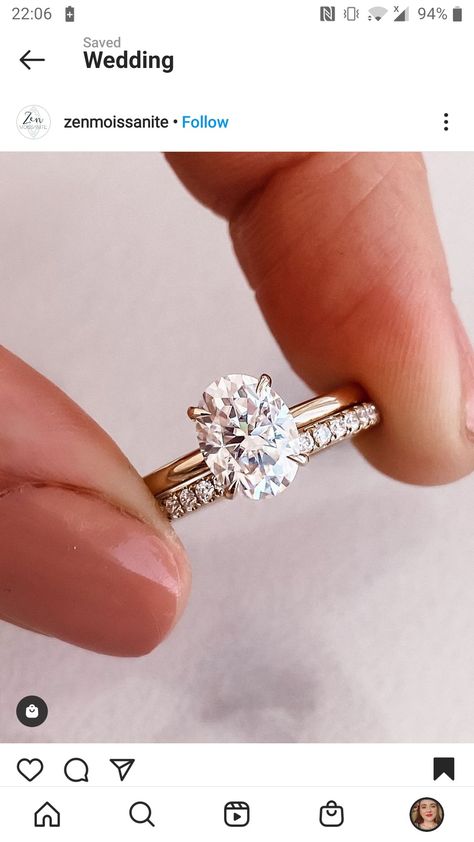 Oval shaped moissanite and gold engagement ring with simple band and a pavé wedding band. Mossianite Engagement Rings Gold, Mossianite Engagement Rings, Zen Moissanite, Yellow Gold Wedding Set, Solitare Engagement Rings, Future Spouse, Round Diamonds Wedding Band, Dream Rings, Favorite Engagement Rings