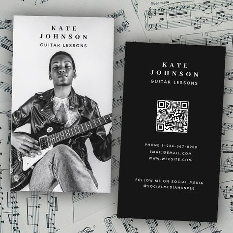 Guitar Lessons Musician Photo Social Media QR Code Business Card Musician Business Card Ideas, Business Card For Musicians, Business Cards For Photographers, Business Card Design With Photo, Portrait Business Card, Singer Business Card, Business Card With Photo, Photographer Business Card Design, Business Card Photography