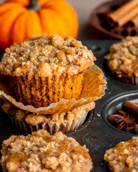 Pumpkin Streusel Muffins - In Bloom Bakery Pumpkin Streusel Muffins Broma Bakery, Pumpkin Cinnamon Streusel Muffins, Pumpkin Spice Streusel Muffins, Pumpkin Cream Cheese Strussel Muffins, Pumpkin Chocolate Chip Streusel Muffins, Pumpkin Banana Streusel Muffins, Muffins For Fall, Pumpkin Muffins Aesthetic, Pumpkin Strudel Muffins