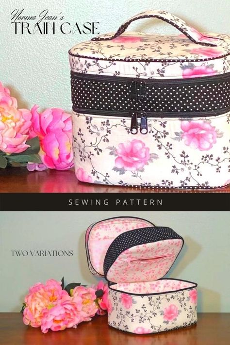 Make Up Bag With Compartments, Suitcase Sewing Pattern, Bathroom Bag Sewing Pattern, Diy Train Case Pattern Free, Train Case Pattern Free, Free Makeup Bag Sewing Pattern, Sewing Makeup Bag Pattern, Make Up Bag Patterns, Cosmetic Bag Pattern Free