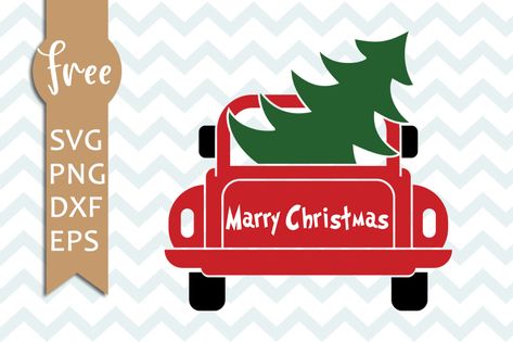 Svg Free Christmas, Christmas Svg Free, Christmas Vinyl Projects, Christmas Svg Files Free, Christmas Truck With Tree, Christmas Truck Svg, Free Fonts For Cricut, Car Svg, Red Truck Christmas