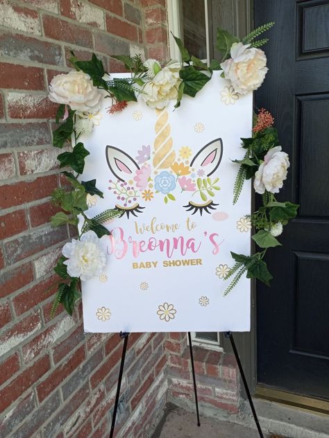 Welcome Table, Unicorn Baby Shower, Shower Welcome Sign, Baby Shower Welcome Sign, Unicorn Birthday Parties, Baby Shower Signs, Unicorn Birthday, Baby Shower Themes, Welcome Sign